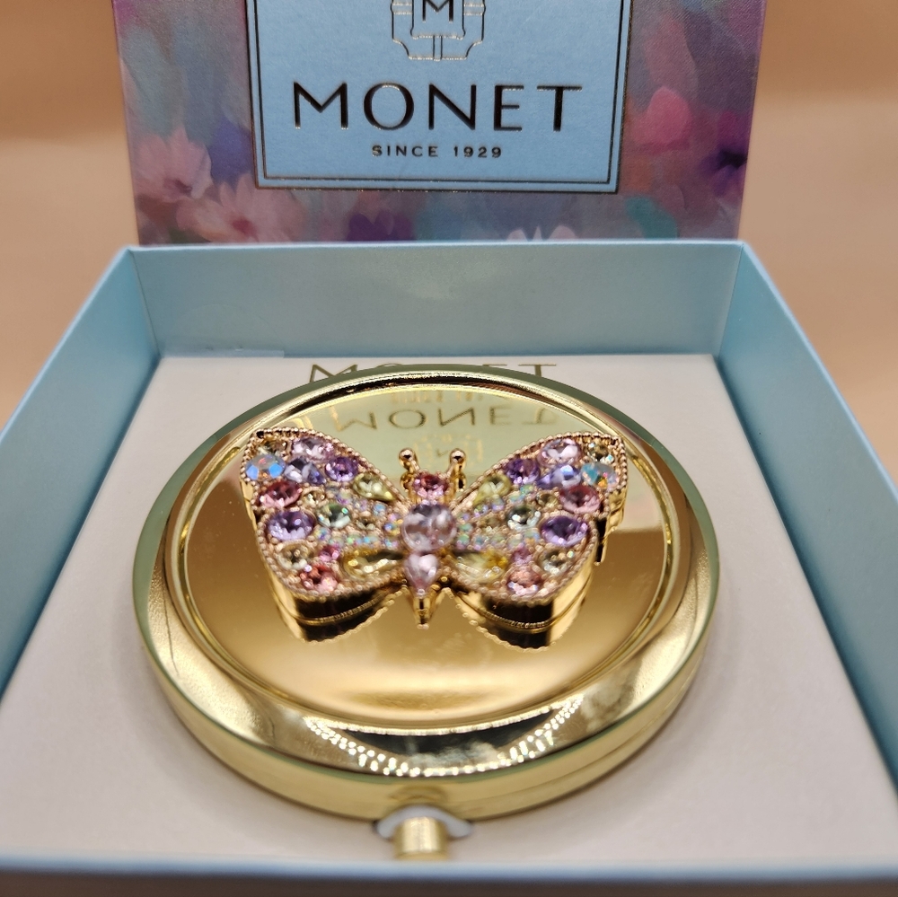 Monet Gold Tone Butterfly Mirror Compact w Pink, Purple, Blue & Clear Crystals¹